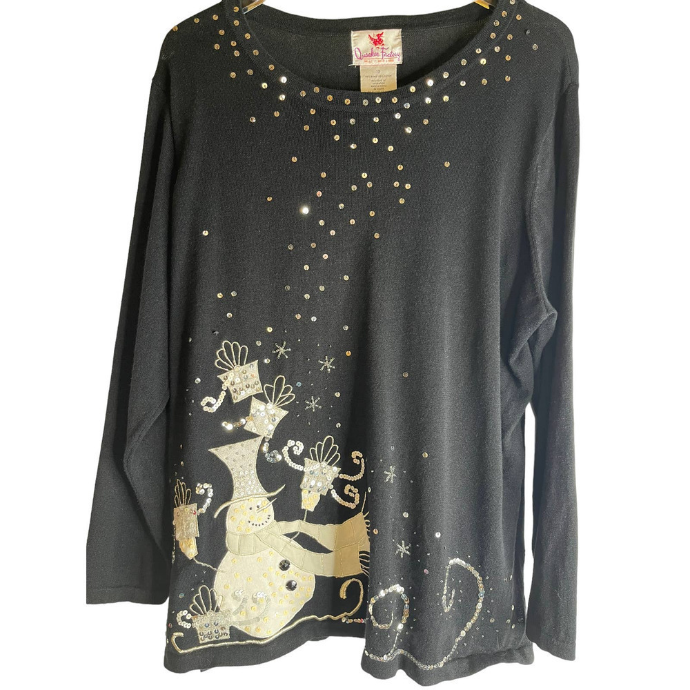 Quacker Factory Sequined Beaded Snowman Holiday Sweater